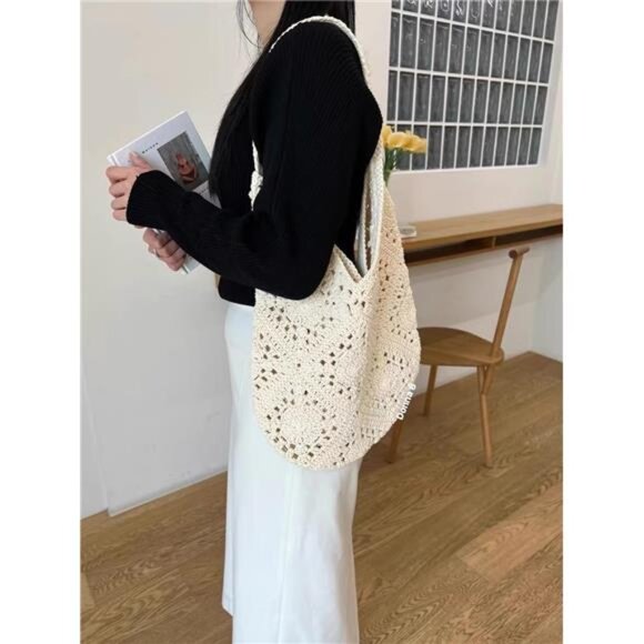 Crochet Beach Bag, Summer Beach Bags for Women Beige - Picture 6 of 7